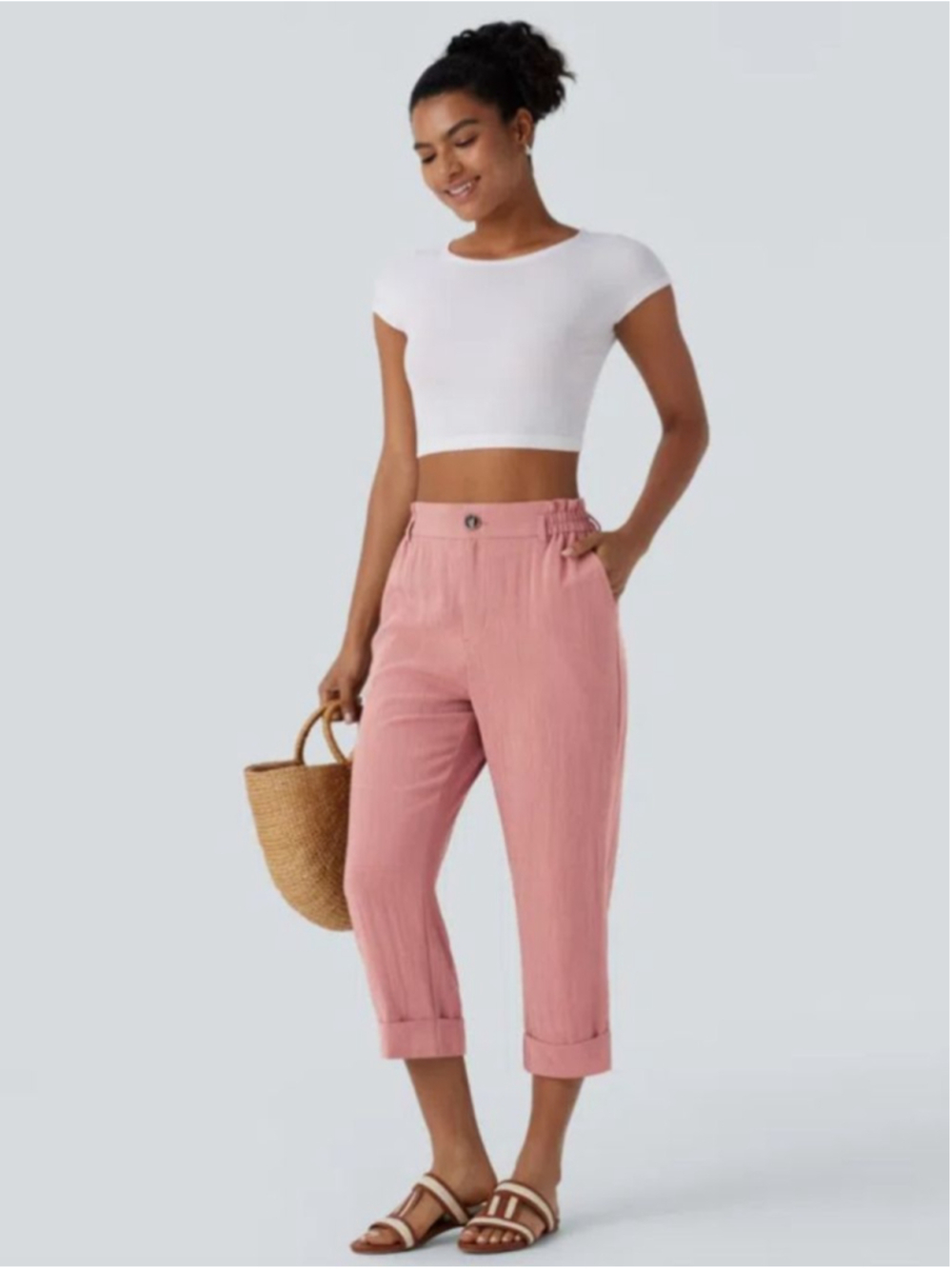 Halara High Waisted Cropped Linen Feel Pink Pants S Capri Cool Breathable Summer